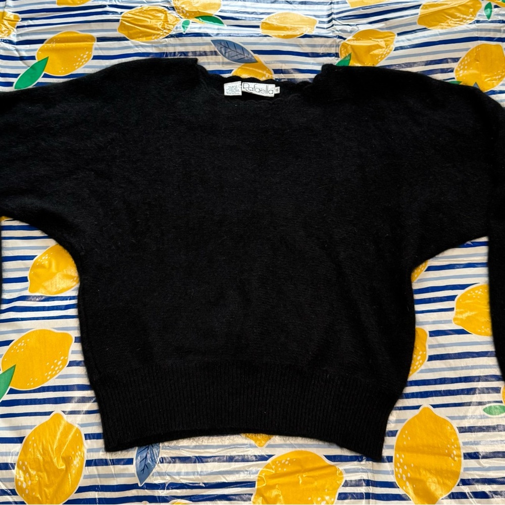 Vintage Rafaella Black Angora Wool Blend Sweater Scallop Neck SMALL Hong Kong - Picture 8 of 9